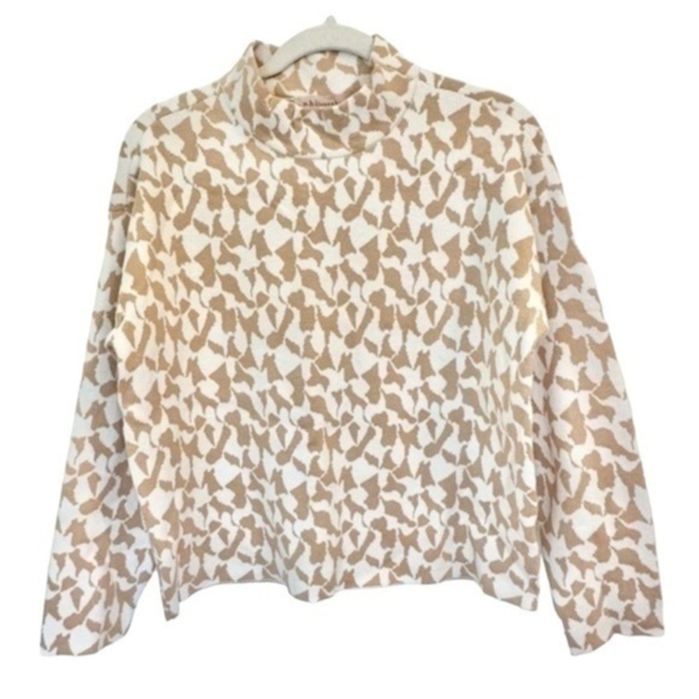 Philosophy Sweater Size Small Mock Neck Almond Tan White Print Office Dressy